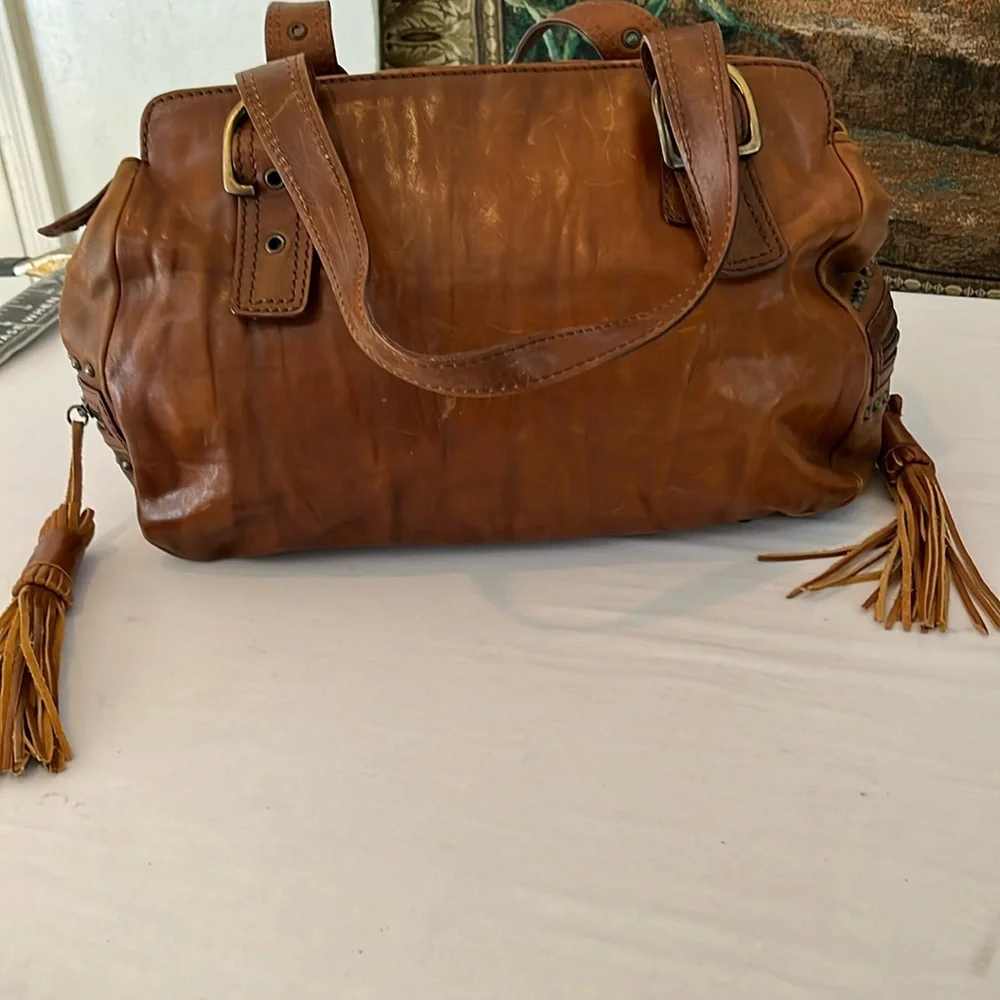 Capacciou large brown Leather bag  side zip pockets 2  long leather tassels